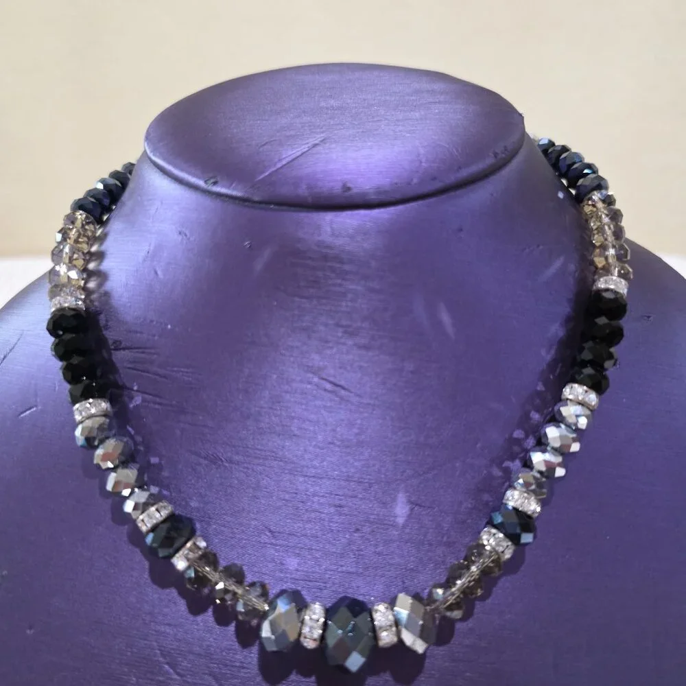 Vintage Black Gray Silver Monochrome Crystal Faceted Bead Rhinestone Necklace